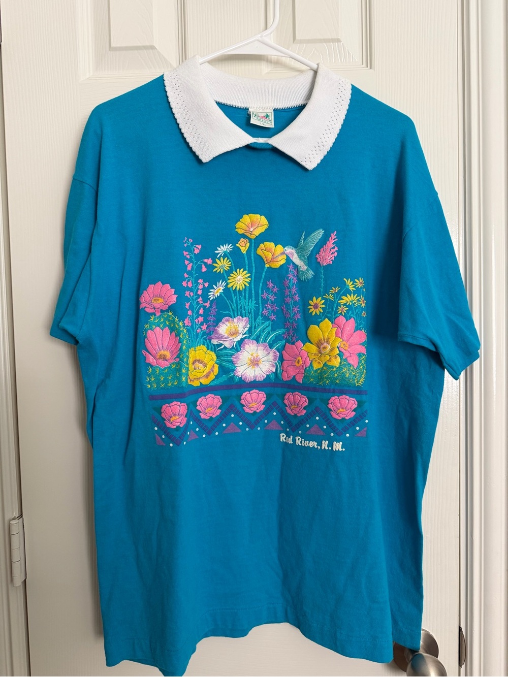 Vintage Cal Pacific Designs Red River NM Hummingbird Floral Polo Shirt XL USA